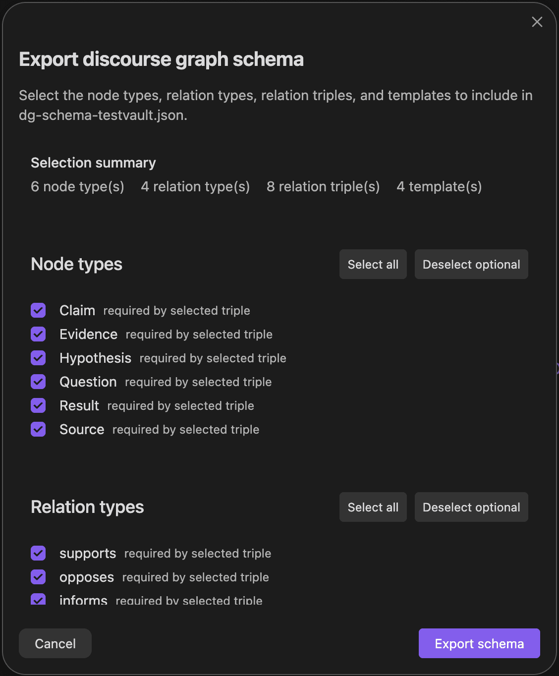 Export discourse graph schema window